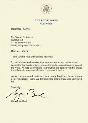 Messages from US Presidents George W Bush, Barack Obama, Vice President Al Gore, and President Joe Biden to Samuel Saraiva evidencing his exercise of citizenship
