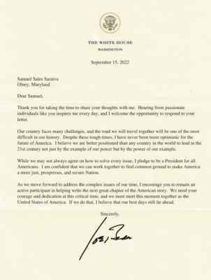 Messages from US Presidents George W Bush, Barack Obama, Vice President Al Gore, and President Joe Biden to Samuel Saraiva evidencing his exercise of citizenship